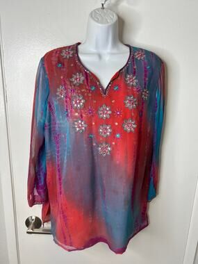 Indira Women's Silk Embroidered Embellished Split-V Neckline Blouse ~ Size L